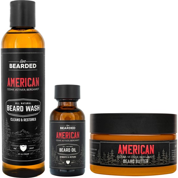 Live Bearded: 3-Step Beard Grooming Kit - American - Beard Wash, Beard Oil and Beard Butter - All-Natural Ingredients with Shea Butter, Jojoba Oil and More - Beard Growth Support - Made in the USA