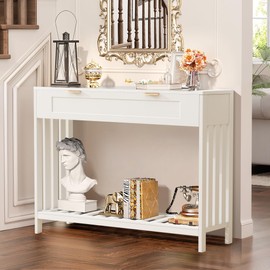 Entryway Table with Drawers Narrow Accent Sofa Table with Storage Shelf, Modern Wooden Console with Drawer Entry Table Storage Slats Shelf for Living Room,Entryway, Foyer, Hallway, White