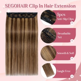 SEGOHAIR Clip In Hair Extensions for women One Piece 5 Clips Real Human Remy Hair Extension Long Straight Hairpieces for women 10 Inches #4P27 Medium Brown mixed Dark Blonde