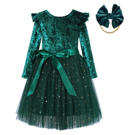 Extrabeauty Toddler Velvet Dress Long Sleeve Ruffle Little Girls Tulle Tutu Dresses for Special Occasion (5T, Dark Green)