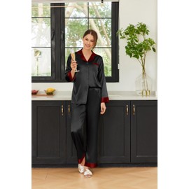 Ekouaer Silk Satin Pajamas Long Sleeve Button Up Pjs 2 Piece Lounge Sets Pj Sets for Women Black S