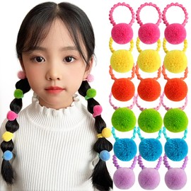 20pcs Colorful Pom Pom Hair Ties - Elastic Ponytail Holders with Fluffy Ball Poms for Girls, Toddlers, Kids Hair Accessories