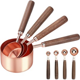 8 Pcs Stainless Steel Rose Gold Measuring Cups and Spoons Set with Wooden Handle
