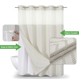 eachope Extra Long No Hook Tufted Chevron Striped Shower Curtain with Snap-in Fabric Liner set-71Wx98H(96H),Tall Hotel Grade Boho Style Shower Curtain,Water Repellent,Cream