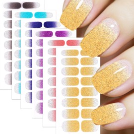 6 Sheets French Gel Nail Strips Black Gold Red Blue Glitter Nail Polish Strips Silver Bling French Nail Wraps Stickers Self Adhesive Gradient Nail Art Stickers Full Wrap Glossy Nail Decals for Women