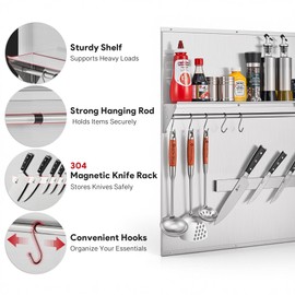 Wilprep Range Backsplash, 24"x30" Stainless Steel Backsplash with Storage Shelf & Magnetic Knife Rack, Range Hood Stainless Steel Backsplash for Stove, Range Hood Wall Shield with Pre-Drilled Holes…