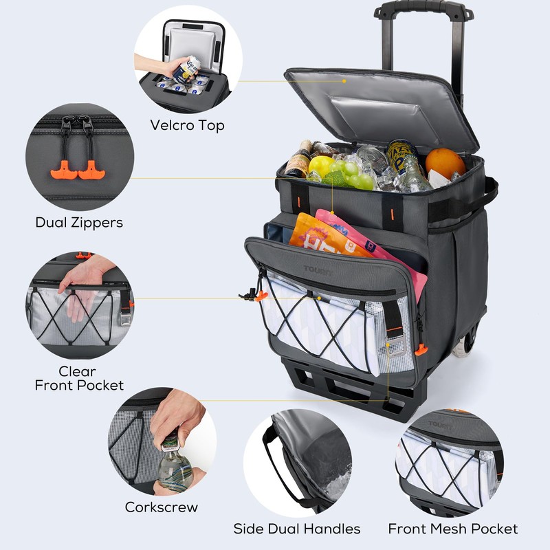 TOURIT 75 Can Rolling Cooler Detachable Double Deck Beach Cooler
