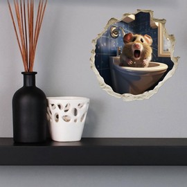 Shocked Mouse On Toilet in Mouse Hole - 3D Wall Sticker Decal, Cartoon Home Decor Vinyl Art, Bookcase, Laptop, Classroom, Kids Room, Bedroom, Children, Adorable