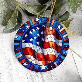 BRUYU5SE Stained Glass American Flags Christmas Ceramic Ornament Christmas Ornament Patriotic Vintage Ornament for Xmas Party Decorations 3 in