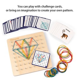 Coogam Wooden Geoboard with Activity Pattern Cards and Rubber Bands - 8 x 8 Pens Geometry Board Montessori Shape Puzzle Board Inspire Children's Imagination and Creativity