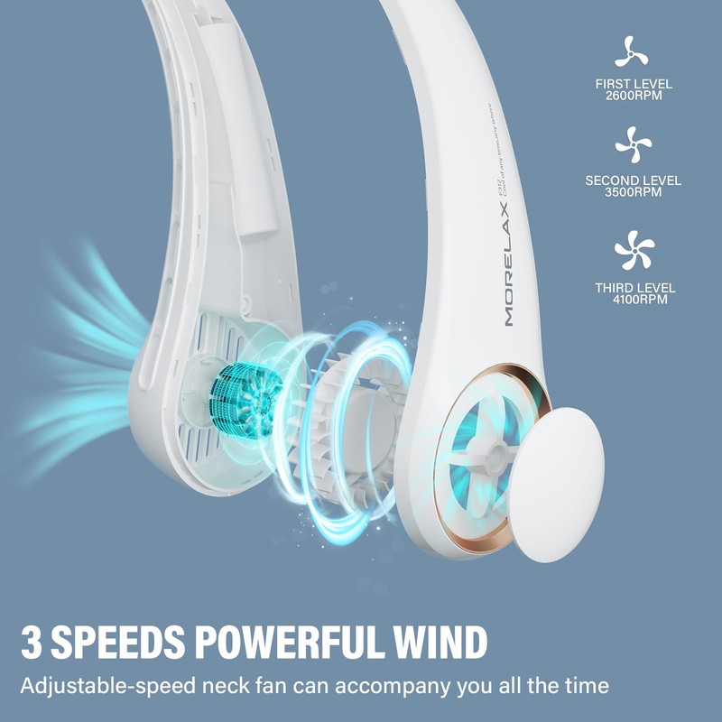 Morelax Neck Fan, USB Rechargeable Personal Fan, 3 Speeds Adjustable,