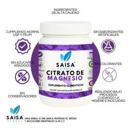 Citrato De Magnesio Puro Con 500 Cápsulas De 500 Mg C/u. | Suplemento Alimenticio | Alta Biodisponibilidad | Sin Sabor Saisa Herbal | Apoyo Del Sueño,