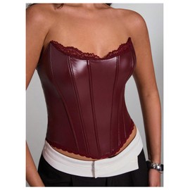 WDIRARA Women's PU Leather Corset Tube Top Lace Up Back Strapless Bandeau Bustier Crop Tops Burgundy Medium