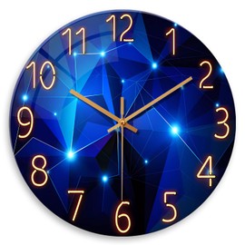 Constantplanet Blue Wall Clock Battery Operated - 16 Inch Analog Glass Wall Clock Non Ticking - Large Wall Clocks for Living Room Decor