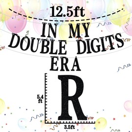 In My Double Digits Era Banner, Out Single Digits I'm 10 Birthday Sign, Happy 10th Birthday Party Decorations Supplies for Boy Girl, Black Glitter