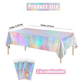 3 Pack Iridescent Tablecloths Party, 54x108 Inches Holographic Foil Table Covers, Rectangle Disposable Plastic Table Covers for Birthday, Wedding, Baby Shower, Christmas, and Party Decorations