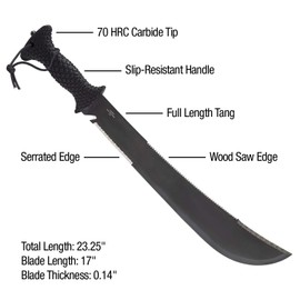 Luna Tech, LTK9500, Dave Young Survival System, 23in. Full Length Tang Machete, TPR Handle, Carbide Tip, Includes Black Sheath with MOLLE System