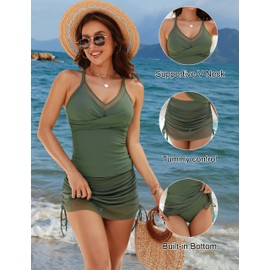 Blooming Jelly Women's Tankini Swimsuits Tummy Control Swim Skirt Two Piece Mesh Sarong Wraps Bathing Suit 2025(Army Green,Medium)