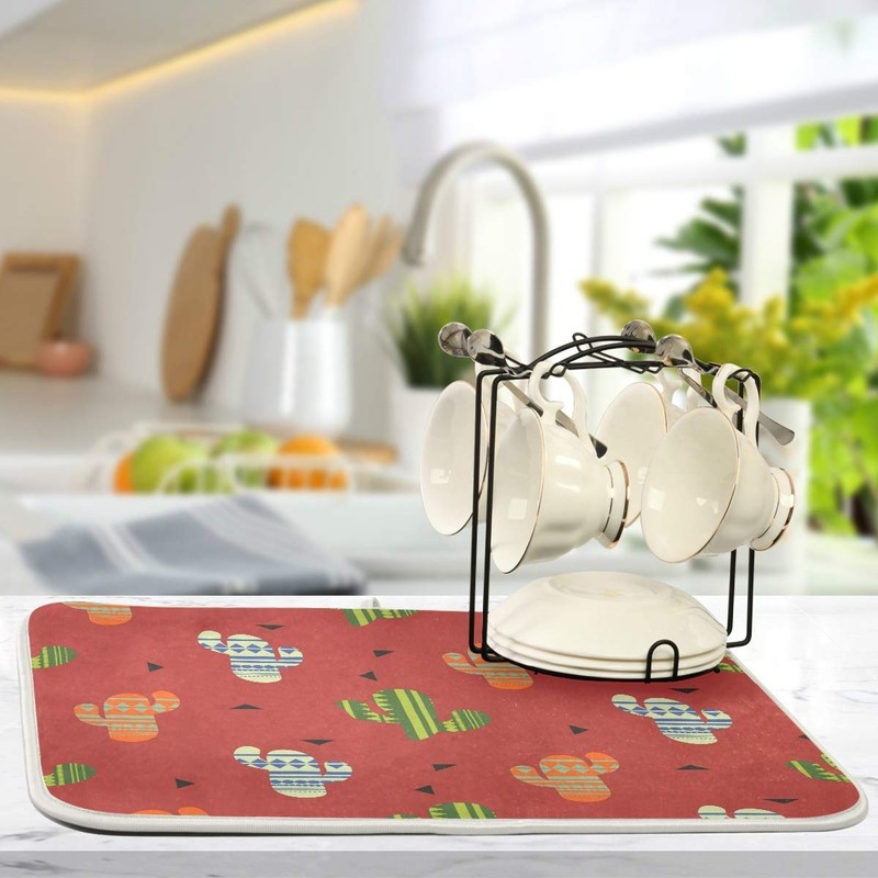 Boho Cactus Colorful Dish Drying Mat for Kitchen, Absorbent Microfiber