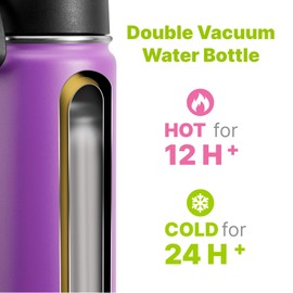 Mollcity Kids Insulated Water Bottle with Straw-18 oz Stainless Steel Double Wall Vacuum Wide Mouth Water Bottle for School-Metal Travel Water Flask with Silicone Boot (Purple)