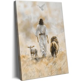 Jesus and Lamb Canvas Wall Art Decor, Lion and Lamb Dove Wall Art, Christian Bible Stories Canvas Wall Art, Modern Religious Prints Artwork for Christian Church Prayer Room Living Room Bedroom 12x16in