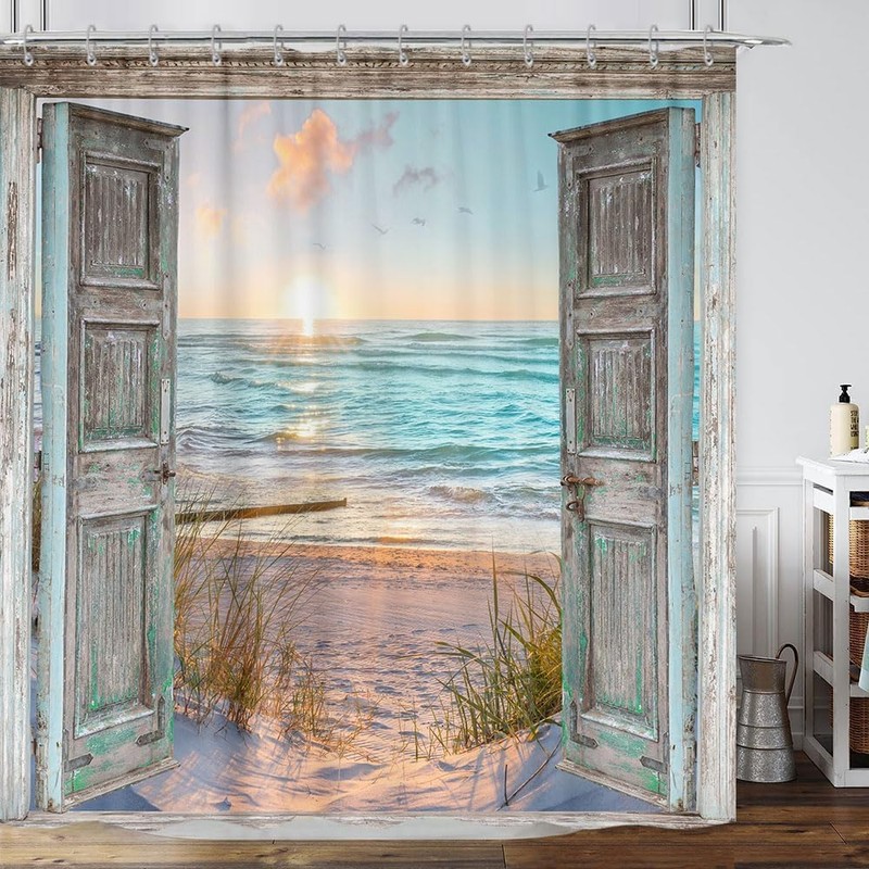 Boho Beach Coastal Shower Curtain, Teal Ocean Sunrise Seaside Seascape