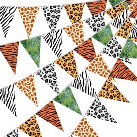 Tiamon 5 Pcs Jungle Safari Animal Birthday Banner Decoration Tropical Jungle Pennant Bunting 49.2 Ft Wild Animal Print Triangle Flag for Baby Shower Safari Two Wild One Party Supply Zoo Decor