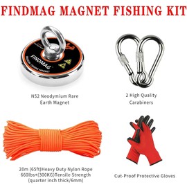 Magnet Fishing Kit, Strong Lift Magnet 500 LB(227 KG) Pulling Force Round Neodymium Magnets, River Magnets for Magnetic Fishing & Salvage in River, with 65 ft(20 m) Nylon Rope Carabiner Hand Gloves