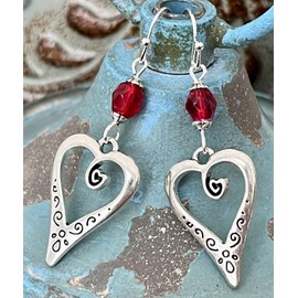 Silver Etched Heart with Opalescent Red Crystal Earrings Love Romance. Jewelry Earrings for Women #3298FE3867