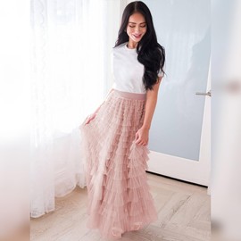 OBEEII Women's Tiered Tulle Skirt Height Waist A Line Layered Mesh Long Skirt for Leisure Holiday Prom Party, Bean Pink
