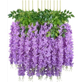 sheH 12pcs Artificial Fake Wisteria Vine Garland-GreenDec 3.6Ft/Piece Silk Wisteria Vine Ratta Hanging Flower for Home Garden Wedding Decor (Purple)