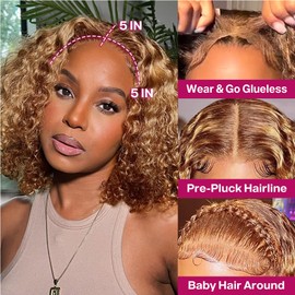 Ailwelia Highlight Blonde Wear And Go Glueless Curly Bob Wig Human Hair Pre Plucked 4/27 5x5 Hd Lace Closure Wigs Human Hair For Black Women 200% Density Deep Wave Glueless Wigs Human Hair Bob 12 Inch