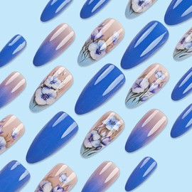 KTAABTR 24Pcs Flowers Press on Nails Medium Almond Nails Blue Fake Nails with Glue Reusable Acrylic Nails Design Blue Flower Stick on Nails for Women Girls