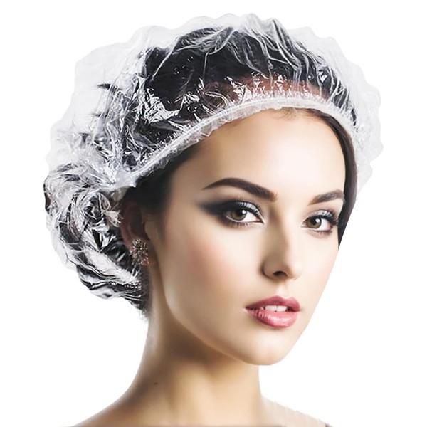 50 Pieces Disposable Plastic Shower Cap, Hair Cap, Elastic Waterproof