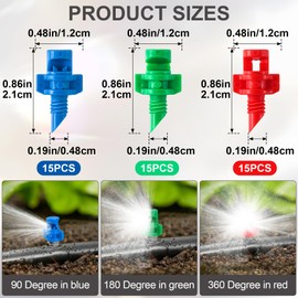 Winsyison 45pcs Drip Irrigation Emitters, 90/180/360 Degrees Irrigation Drip Heads, Micro Sprinkler Heads for Plants Lawn Water Irrigation System- Blue & Green & Red