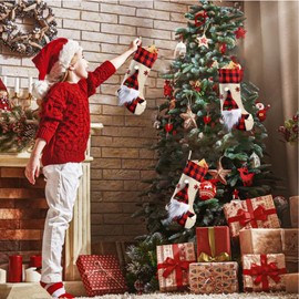 iDIY Christmas Stockings Cozy Red 18" Large 1 Pieces Cotton-Flax Stocking - Santa Burlap Plaid Stocking for Christmas Eve