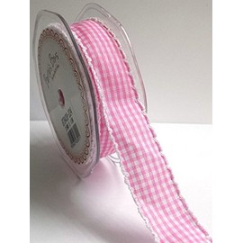 Bertie's Bows Baby Pink Gingham Print White Lace Edge 25mm (NB Sold by the metre)