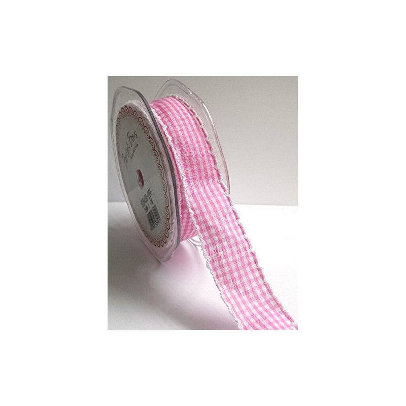 Bertie's Bows Baby Pink Gingham Print White Lace Edge 25mm