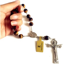 elegantmedical 10MM Tiger Eye Beads Catholic Prayer one decade rosary bracelet cross Gift & Box car rosary