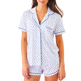 Zelbuck Womens Pajamas Set Trendy 2 Piece Button Down Monkey Bunny Beach Shorts Set Y2k Preppy Loungewear Pjs for Gift Party(Blue Heart, Small)