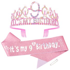 Hapdoo 9th Birthday Decorations for Girls Set - Happy 9th Birthday Princess Crown and Glitter Sash, 9 Year Old Girl Tiara Party Decorations Supplies Outfit Accessory Gifts