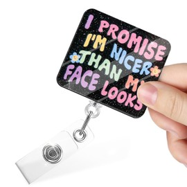 Juoqg I Promise I'm Nicer Than My Face Looks Funny Retractable Badge Reel with Alligator Clip, Glitter Xray Badge Holder for ER Nurse Respiratory CNA Lab Tech Health Care Medical Professional