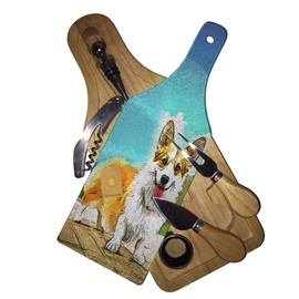 Sunshine Cases Wine & Cheese Glass Cutting Board Gift Set - Adorable Welsh Corgi Puppy