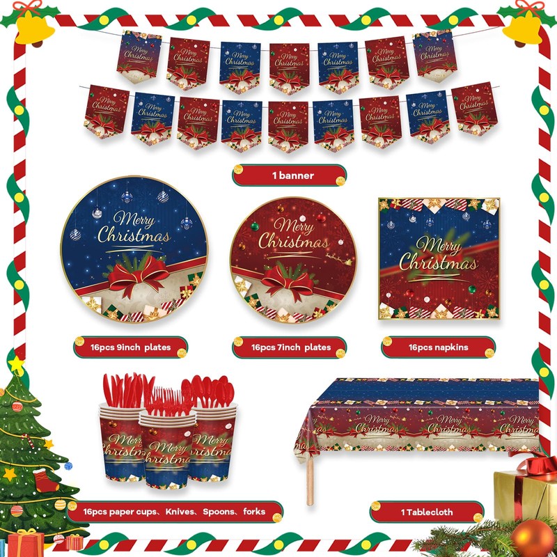 Party Tableware Decorations Set For 16 Guest,Christmas Paper Plates Napkins
