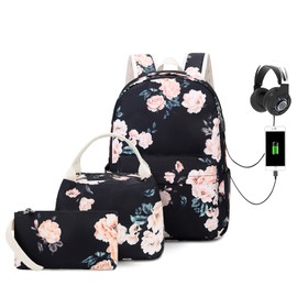 FADOVYE Floral School Backpack for Girls Women, Water Resistant Laptop Backpack with USB Charging Port and Headphone Interface, College Bookbag with Lunch Bag and Pencil Bag
