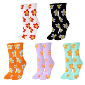 woosnscly Womens Girls Novelty Funny Funky Crew Socks Colorful Crazy Cute Floral Patterned Cotton Dress Socks Gifts Fun Mid Calf Socks 5 Pairs
