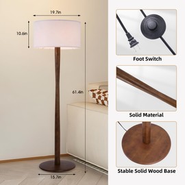 62" Tall Rustic Wood Floor Lamp for Living Room, Farmhouse Floor Lamps with Linen Shade for Reading, UL Listed Stand Lamps with Wood Base for Bedroom, Corner, Office, White