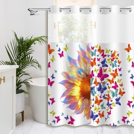 Uhexoyo Floral Decorative Shower Curtain Colorful Butterfly Pattern No Hook Shower Curtain with Liner Snap Buttons,71x74in