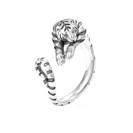 Yocoyee Unique Punk Lizard Tiger Ring for Men Vintage Thai Silver Vivid Animal Opening Adjustable Ring-Tiger