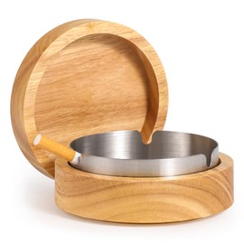 DDAJJAJ Wooden Ashtray with Lid for Smokers Stainless Steel Liner Ash Tray Windproof Durable Easy to Clean Cool Ashtrays for Indoor or Outdoor Use, Patio, Office & Home (Beige)